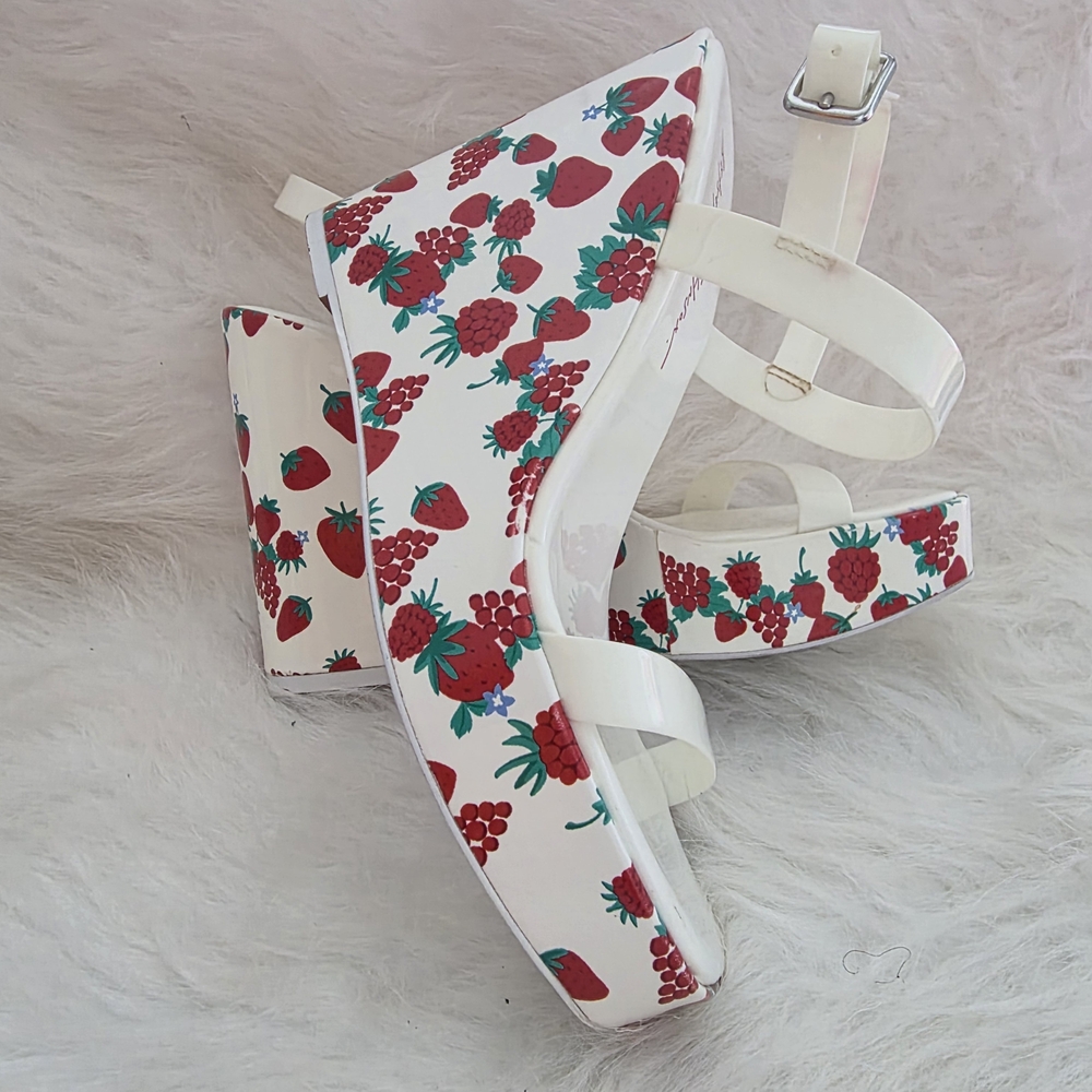 Betsey Johnson White Platform Sandals with Red and Green Print